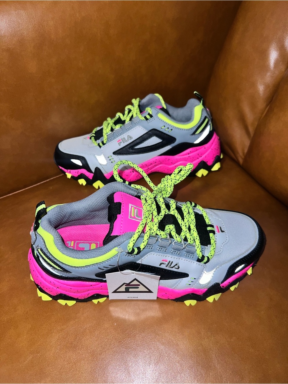 Fila Women's Oakmont TR trail sneakers in a grey, black, and neon pink size 6.5